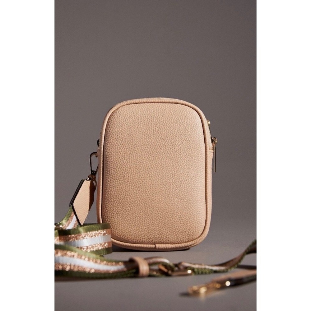 Mali+Lil crossbody phone bag small tan pebbled leather glitter strap